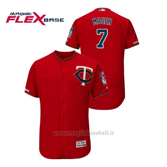 Maglia Baseball Uomo Minnesota Twins Joe Mauer 150th Aniversario Patch Autentico Flex Base Rosso